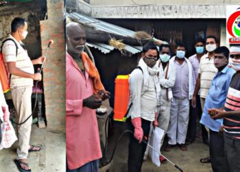 नौतनवां: नवनिर्वाचित प्रधान प्रतिनिधि विनय ने कराया गांव में सेनिटाइज