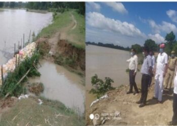 तीन घण्टे के कड़ी मशक्कत के बाद एसडीएम एवं तहसीलदार नौतनवां के निगरानी में बाँध को बांधा गया